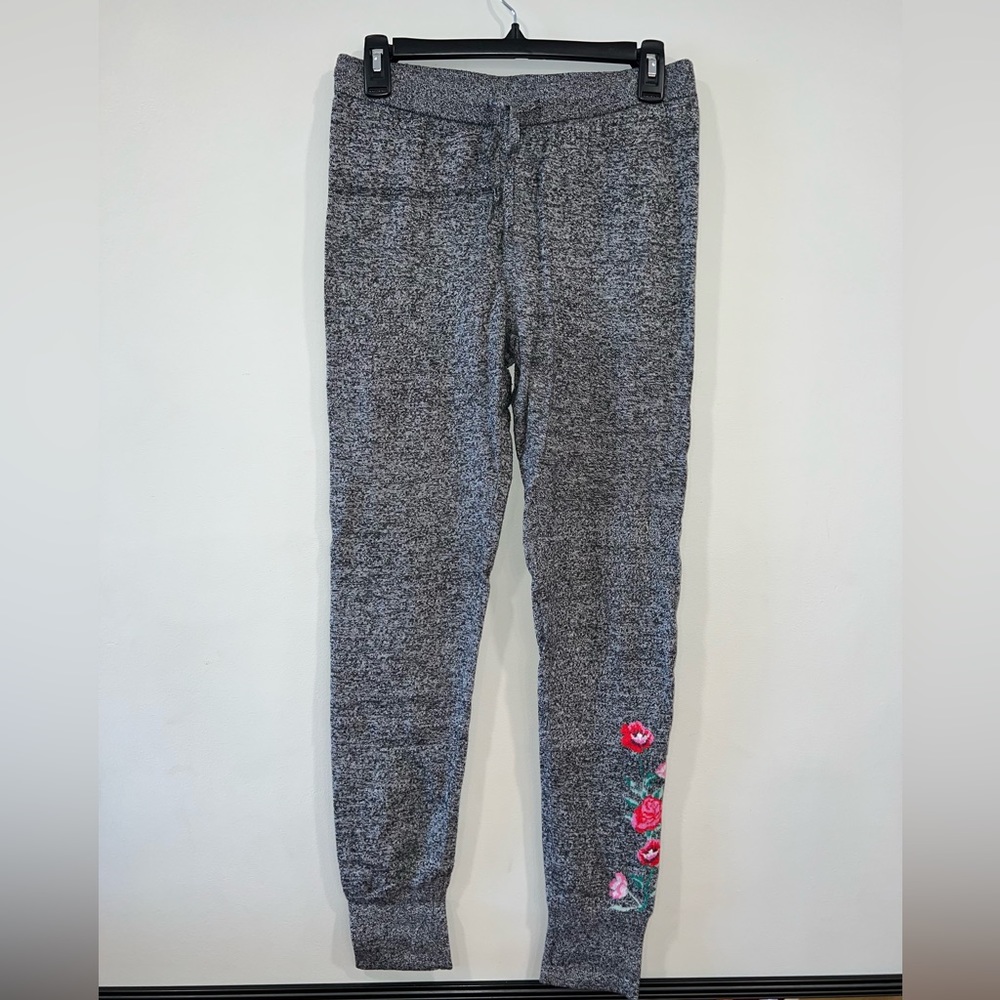 GAP Gray Knit Joggers with Pink Rose Embroidery